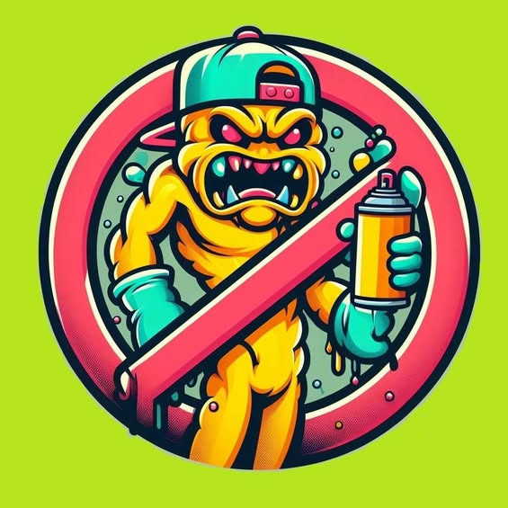 Stylised character portraying a vandal with a spray can that is inside a GhostBusters style red blockout symbol with a green background.