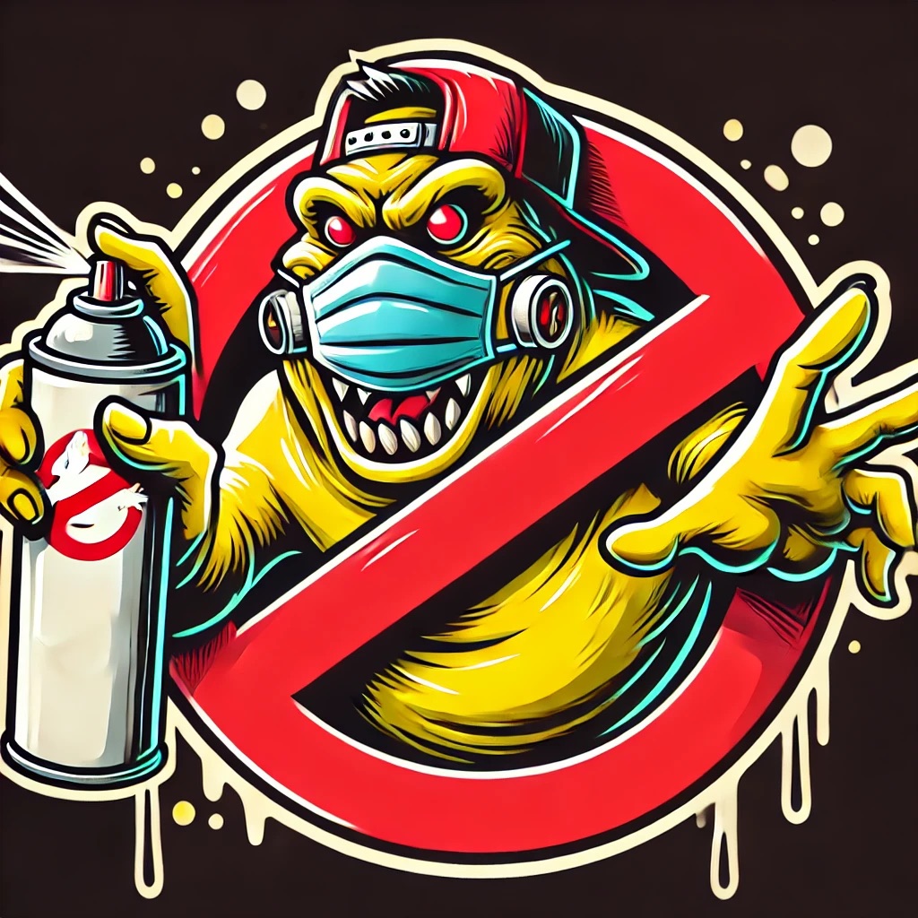 Stylised character portraying a vandal with a spray can that is inside a GhostBusters style red blockout symbol with a black background.