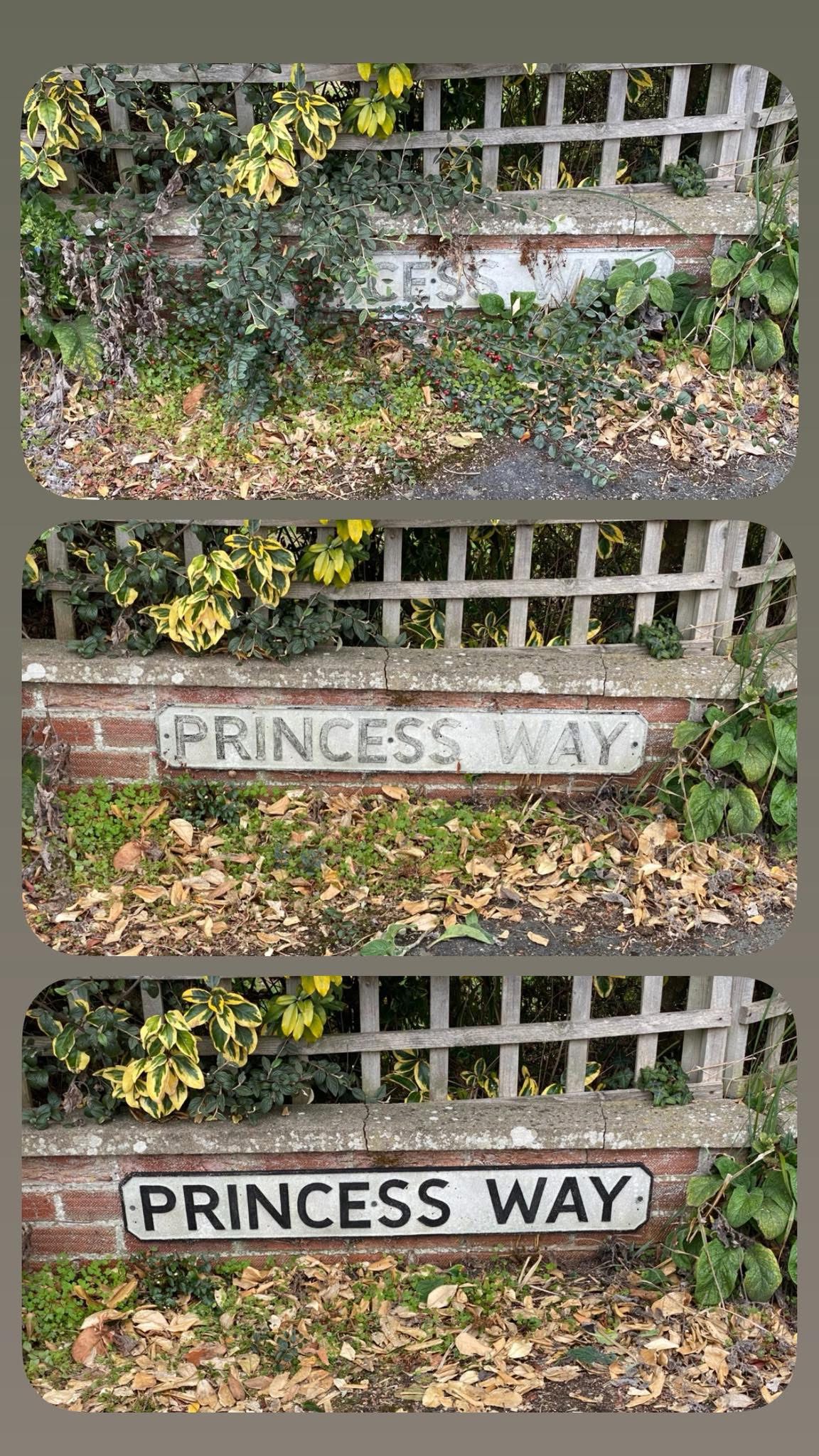 Several road signs showing progress from faded and dirty, to clean and visible.