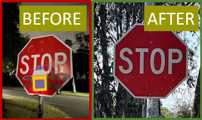 Red stop sign asset showing spray painted vandalism censored with spray can emojis in a 'before’ photograph followed by a cleaned asset with label: 'after'