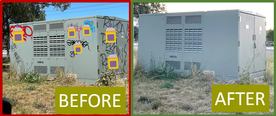 Large grey electrical substation showing spray painted vandalism censored with spray can emojis in a 'before’ photograph followed by a cleaned substation with label: 'after'